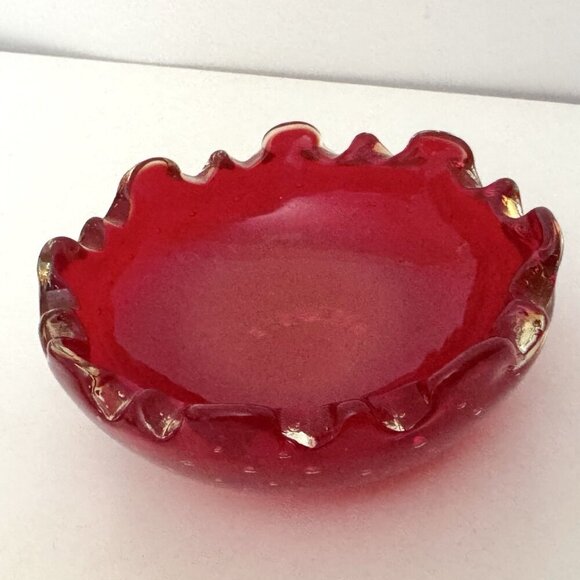 Ruby Red Murano Art Blown Glass Trinket Bowl 4.5” Glows Uv Bullicante Vintage - Picture 4 of 16